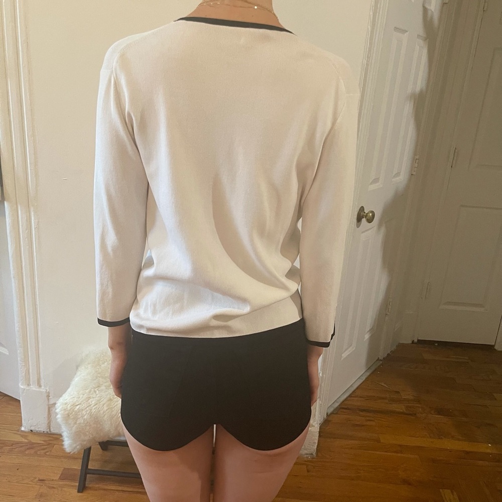 Vintage Shego’s White + Black Trim 3/4 Sleeve V Neck Cardigan Sweater Fit S M L - Picture 16 of 16